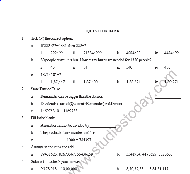 CBSE Class 5 Mathematics Operation with Number Question Bank
